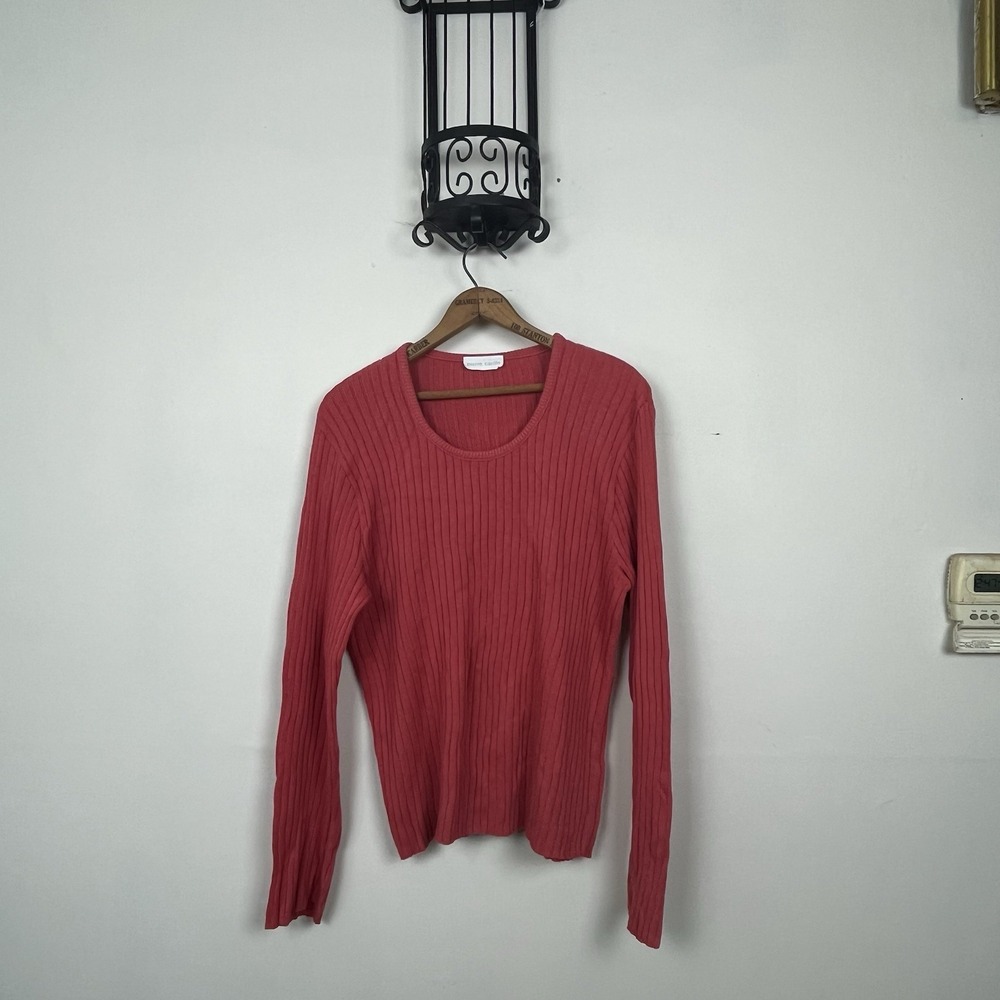 Pierre Cardin Womens Ribbed Knit Scoop Neck Long Sleeve Sweater Coral Pink *FLAW
